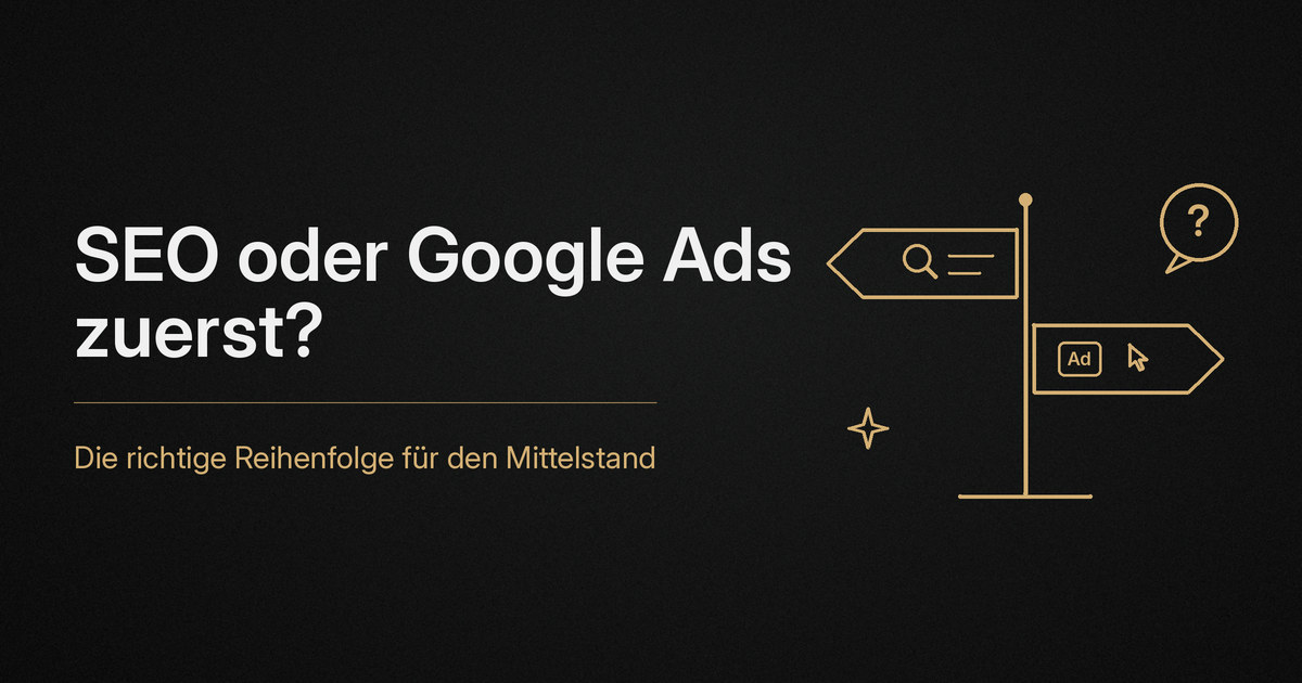 SEO oder Google Ads zuerst Wegweiser mit Schildern für Suche und Anzeige neben einem Fragezeichen, zur Frage nach der richtigen Reihenfolge.