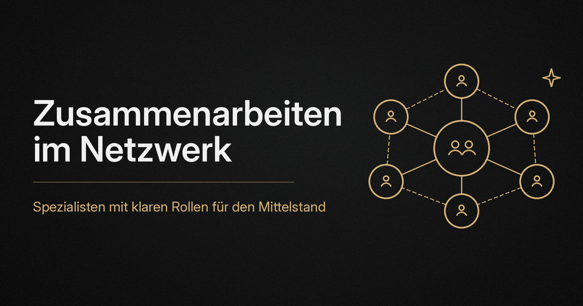 Zusammenarbeiten im Netzwerk Goldenes Netzwerk aus Personensymbolen um ein gemeinsames Zentrum, zum Thema Zusammenarbeit von Spezialisten.