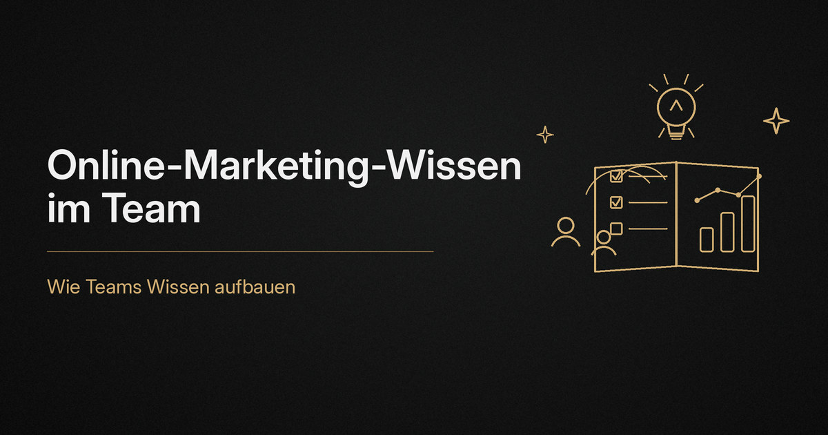 Online-Marketing-Wissen im Team aufbauen Grafik Online-Marketing-Wissen im Team: zwei Figuren am aufgeschlagenen Buch mit Checkliste und Diagramm, daneben eine Glühbirne