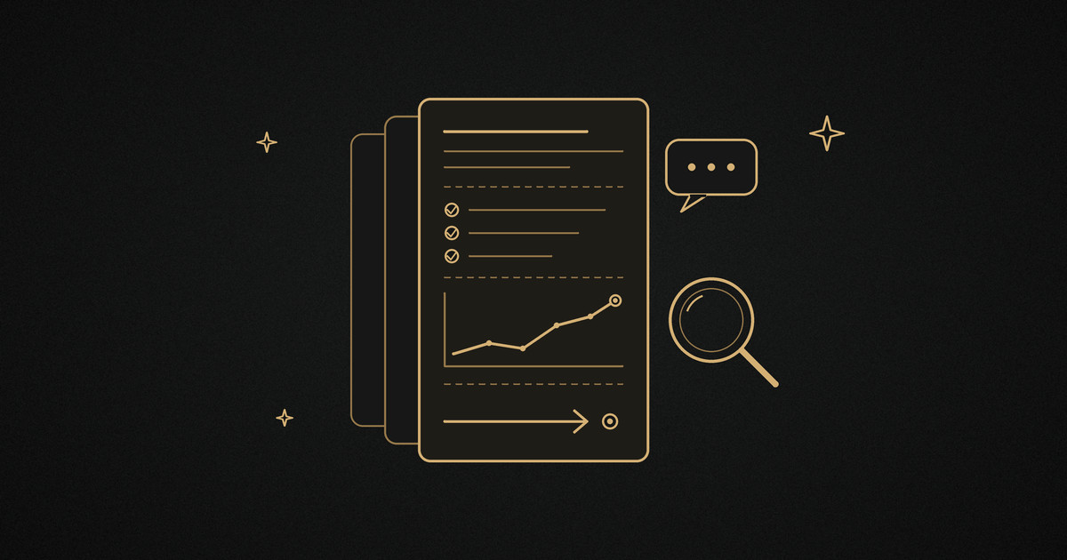 SEO-Reporting: Bericht mit Zusammenfassung, erledigten Arbeiten, Kennzahlenverlauf und Ausblick, dazu Lupe und Sprechblase