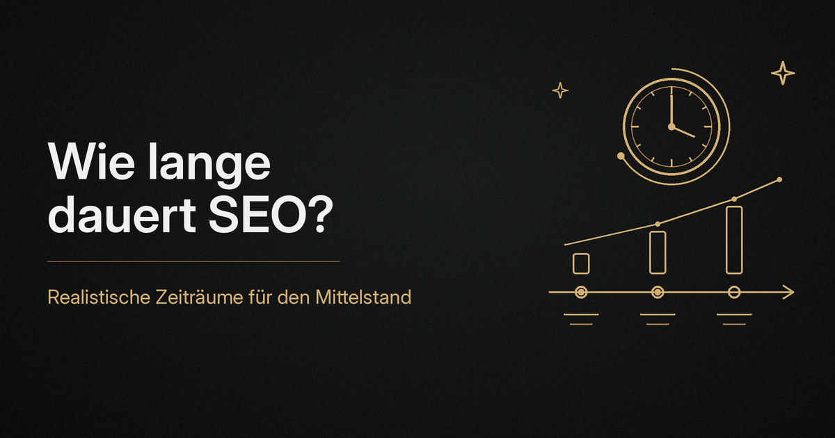 Wie lange dauert SEO: Goldene Uhr über steigenden Balken und Zeitachse auf schwarzem Hintergrund